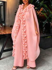 AOMEI Elegant Women's Soft Pink Loose Tulle Sheer Kimono Dress With Ruffle Front Opening And Drawstring Design, Wedding Guest Party Dress - Baby Pink - View 10