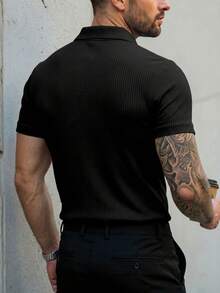 Men's Half-Zip Solid Striped Polo Shirt, Textured Shirt, Zip-Front Button Design, Slim Fit, Multiple Colors Available - Black - View 3