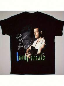 Camiseta de manga corta casual de corte holgado para hombre con autógrafo de Randy Ts y gráfico de guitarra - Gramaje alto, diseño musical icónico (Tallas S-3XL) - Regalo ideal para fans - Negro - Ver 1