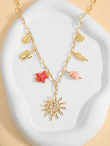 1 pieza Collar de estilo de vacaciones en el océano con estrella de mar, concha y caracol, collar de cadena de tortuga azul multifuncional, versión para niños - Dorado - Ver 2