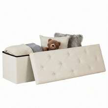 43 Inches Folding Storage Ottoman Bench, Storage Chest, Foot Rest Stool, Bedroom Bench With Storage, Beige - 米色 - 查看 8