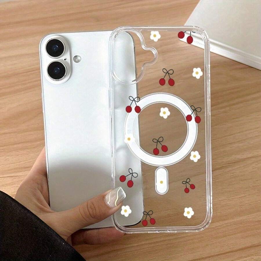 1pc Fashion Minimalist Full-Screen Cherry Red Polka Dot Letter Pattern Phone Case, Liquid Silicone Large Hole Shockproof Soft Shell Protective Cover Compatible With Apple 11/12/13/14/14plus/15/15plus/16/16plus/17/17pro And Other Models - Multicolor - View 1
