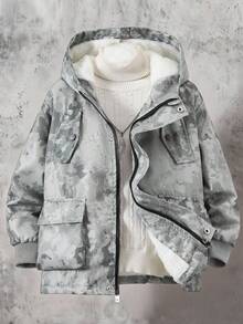 Tween Boy Autumn/Winter Casual Outdoor College Thermal Lined Cargo Pocket Hooded Jacket - Grey - View 3