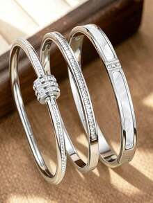 3/1 Pc High Quality Stainless Steel Flower Zirconia Women's Bracelet, Feminine Design, Four-Leaf Clover Zirconia Bracelet, Jewelry Accessory Gift, High Quality Jewelry, Women's Bracelet Accessory, Women's Stainless Steel Bracelet, Women's Western Style Jewelry, Suitable For Beach/Vacation/Holiday/Daily/Casual - Silver - View 6