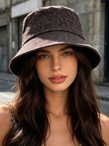 New Women's Japanese Style Leopard Print Rhinestone Bucket Hat, Large Brim Sun Hat, Face-Slimming Sun Protection Hat - A - View 4