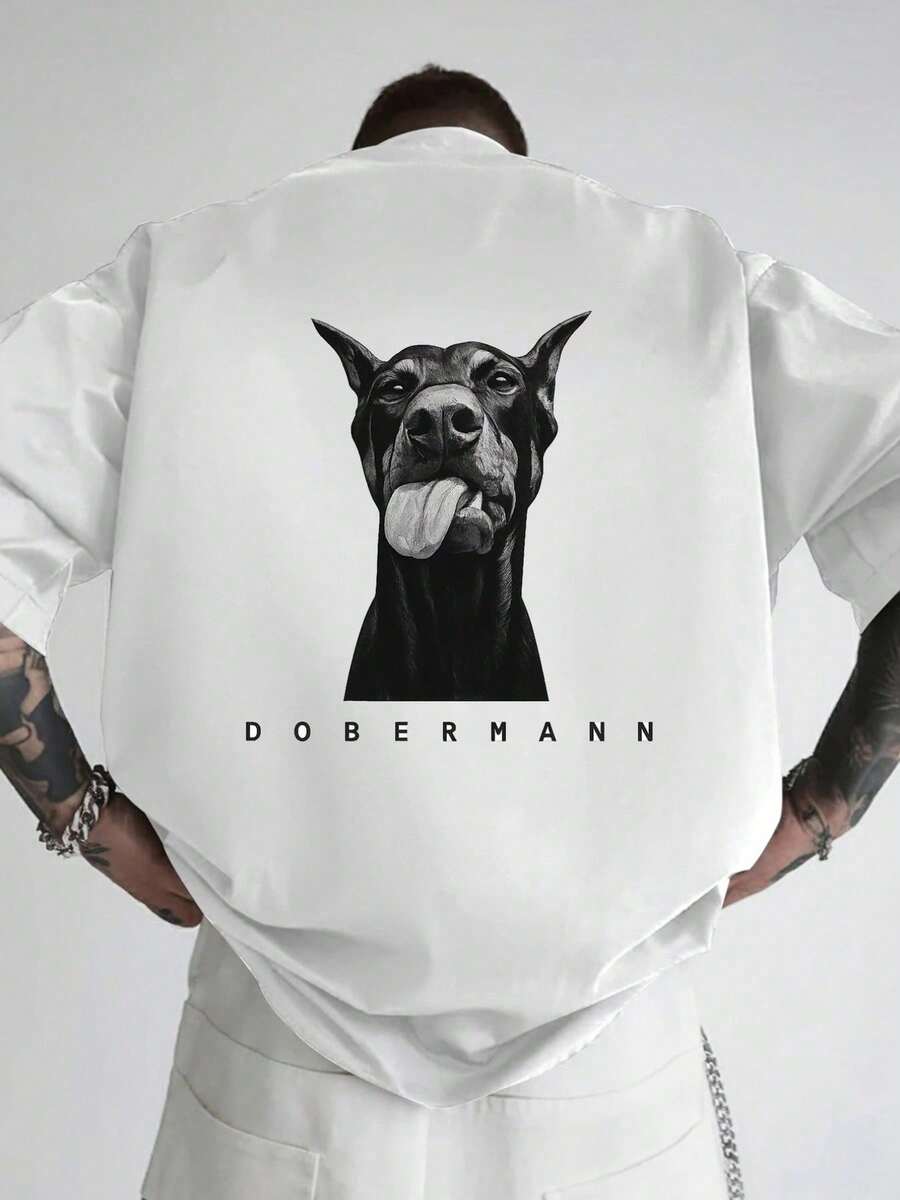 Camiseta gráfica para hombre, estampado de Doberman, estilo urbano, cómoda, transpirable, informal, corte holgado, hombros caídos, camiseta para el Día del Padre o graduación, camiseta para hombre - Blanco - Ver 1