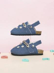 Zapatos tipo mule azules para niñas con cadena de strass y lazo de strass, hebilla decorativa 3D, espalda abierta y punta cerrada, adecuados para todas las estaciones - Azul - Ver 7