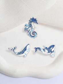 3pcs Glitter Ocean Whale Seahorse Enamel Pin Set, Starry Sea Animal Brooch, Unique Jewelry Gift Idea, Perfect For Collectors & Fans - Blue - View 5