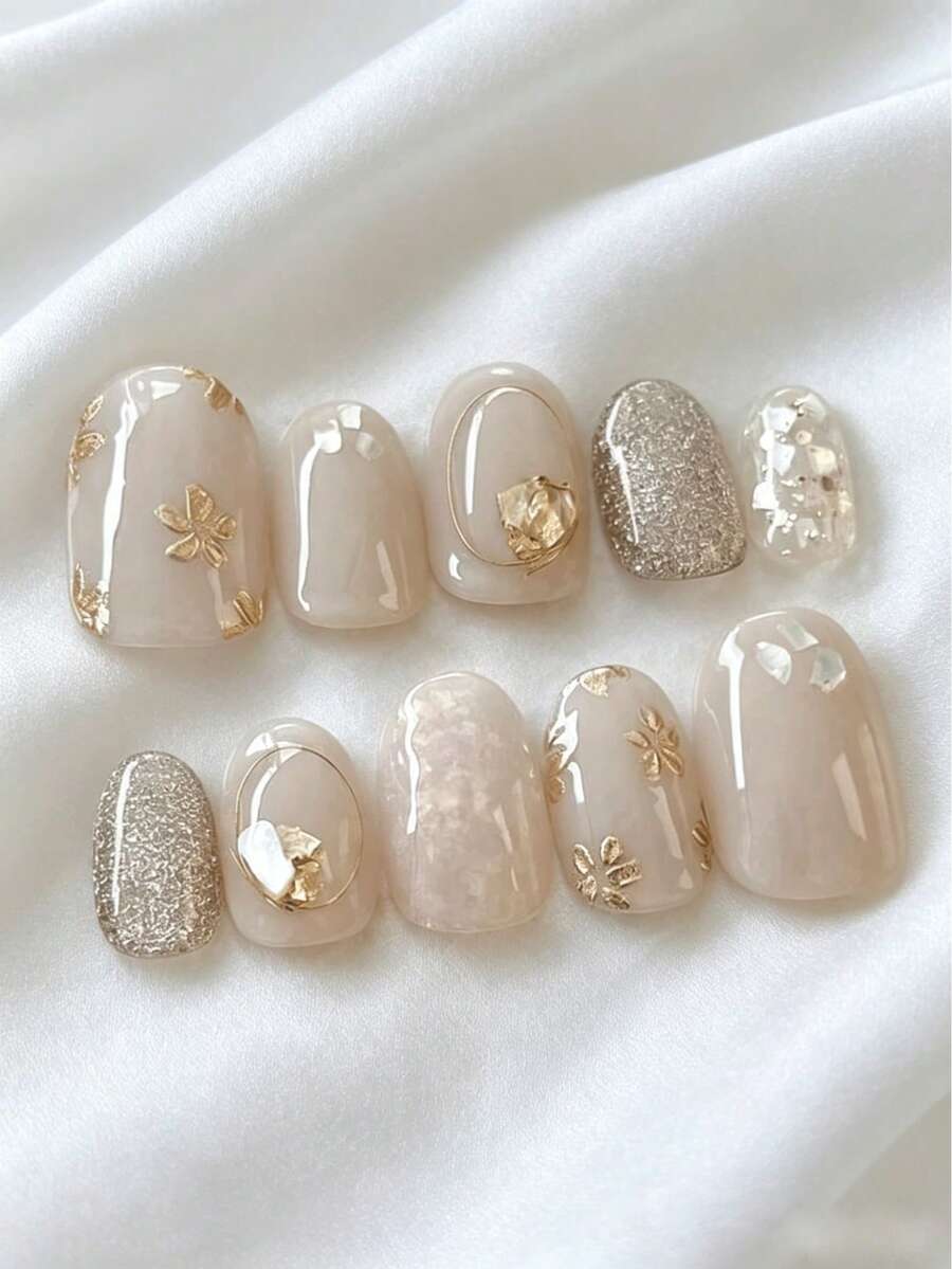 10片手工制作短椭圆多色Y2K法式优雅半透明简约猫眼花卉美甲贴纸,适合女性和女孩秋冬季节假日派对日常佩戴的按压式美甲贴 - 彩色 - 查看 1