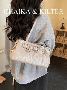 CHAIKA & KILTER 1pc Solid Color PU Fabric Women's Vintage Fashion Shoulder Bag, Underarm HOBO Bag With Strap Decoration, Zipper Closure, Dual Handle Design, Suitable For Daily Shopping (Sold With Pendant) - Khaki - View 6