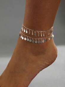 imoli 1 Set/Silver Minimalist Alloy Round Disc Water Drop Tassel Handmade Chain Double Layer Anklet Women's Dating Gift (Handmade Chain Cut To Size, Number Of Round Disc Tassels Varies) - 29120-1-s - View 3