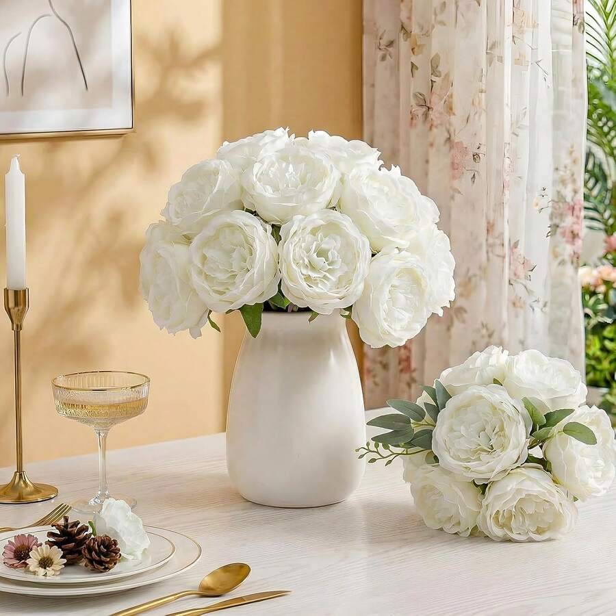 80/40pcs White Peony Artificial Flowers, Silk Peony Artificial Flowers With Stems, Realistic, Suitable For Table Centerpiece Decoration, Wedding, Home, Party, Bridal Bouquet Decoration (White) - White - View 1