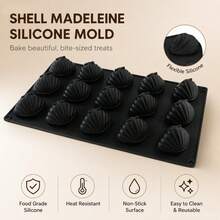 1 buah Cetakan Kue Silikon Berbentuk Cangkang Madeleine Hitam, 15 Rongga, Anti Lengket, Mudah Dilepas, Tahan Panas, Silikon, Cocok untuk Membuat Kue Berbentuk Cangkang, Cokelat, Dekorasi Kue, Es Batu, Sempurna untuk Hadiah Liburan, Kue Rumahan, Kue DIY untuk Pemula - Hitam - View 5