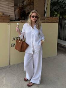 Petite Women's Vintage Style 2-Piece Set, Elegant Sheer Solid Color Outfit Suitable For Spring/Summer And Holidays, White Linen Blend Casual Two Pieces Set - White - View 5