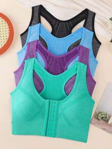 4pcs Women's Sports Bra Front Closure Wire-Free Lingerie Running Shock-Absorbing Push-Up Back-Smoothing Bra - Multicolor - View 2
