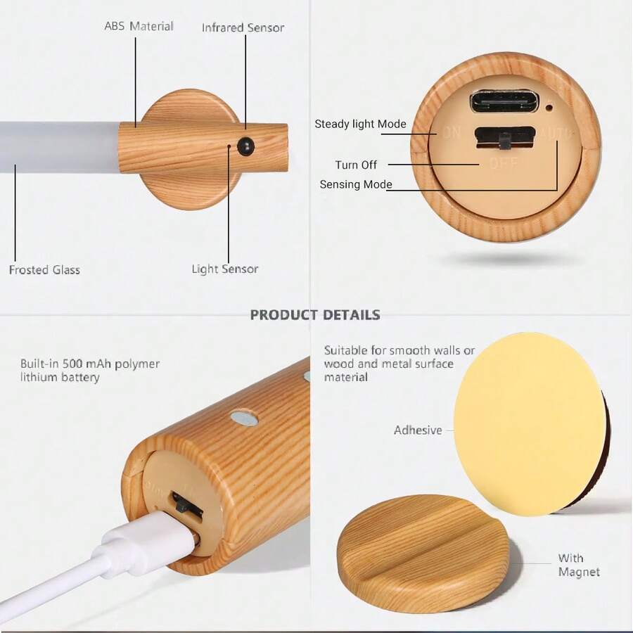 1pc/2pcs Creative Wood LED Wall Light Motion Sensor Magnetic Type-C Rechargeable Night Lamp For Kitchen Staircase - 小夜燈 - 查看 1