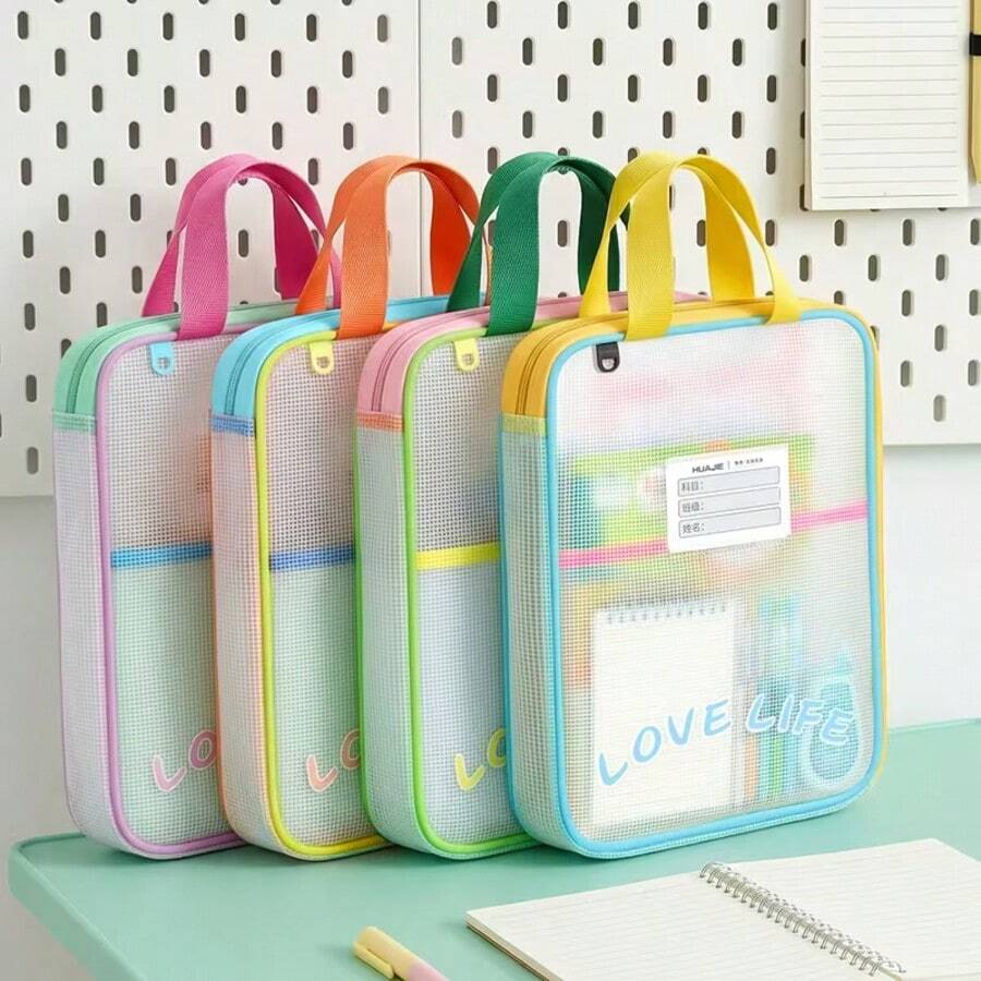 1Pc L-Shape 3-Layer Large Capacity Grid Handheld File Bag, Colorful Multi-Layer PE Document Pouch, Big Opening Homework & Tutoring Organizer, Back To School Supply For Daily Study And Office Storage. - Multicolor - View 1