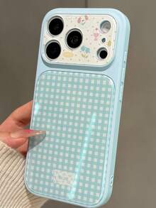 Minimalist Cartoon Cute Blue Plaid Flower Puppy Phone Case Compatible With Apple 17 Pro Max 17 Pro 16 Pro 15 14 Full Coverage Shockproof Protective Cover For Women - Blue - View 5