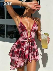 Women's New Elegant Sexy Metal Button Decor Party Dress, Vintage Style Irregular Pattern Vacation Outfit, Suitable For Beach, Commuting And Afternoon Tea With Friends; Made Of Advanced High Elasticity Fabric, Mini Fit, Slim Lines, A-Line Skirt, Sleeveless Design, Asymmetric Hem, Showcasing Fashion Charm - Multicolor - View 2