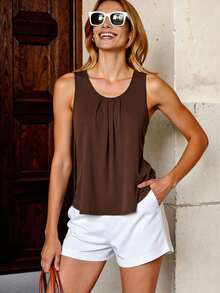 Solid Sleeveless Blouse With Ruched Design - Kopi - View 1