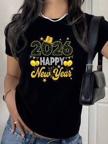 Sombrero dorado brillante con globos y fuegos artificiales que celebran la llegada del 2026 lleno de alegría camiseta de mujer festiva - Negro - Ver 1