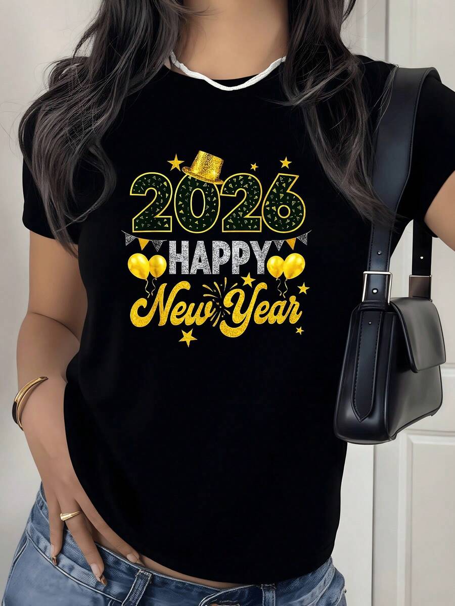 Sombrero dorado brillante con globos y fuegos artificiales que celebran la llegada del 2026 lleno de alegría camiseta de mujer festiva - Negro - Ver 1