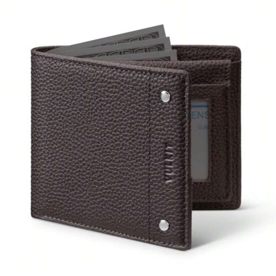 VULKIT Cartera Bifold de Hombre Cartera de Piel Genuina con Bloqueo RFID, Múltiples Ranuras para Tarjetas y Doble Ventana para el DNI Cartera de Uso Diario - Cuero de grano completo- Espresso - Ver 1