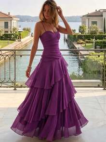 Women's Elegant Asymmetrical Ruffle Strap Dress, Versatile Design Suitable For Party, Beach, Vacation In Summer Wedding - Purple - View 8