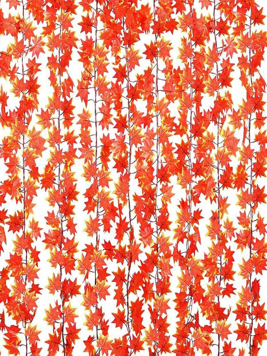 1/12pcs, Artificial Autumn Leaf Garland, Ivy Hanging Vine Garland, Fake Maple Leaf Garland, Suitable For Halloween Thanksgiving Holiday Decoration, Home Wedding Fireplace Party, Autumn Home Decor, Room Decor, Gift, Table Decor, Centerpiece Decor - Red - View 1