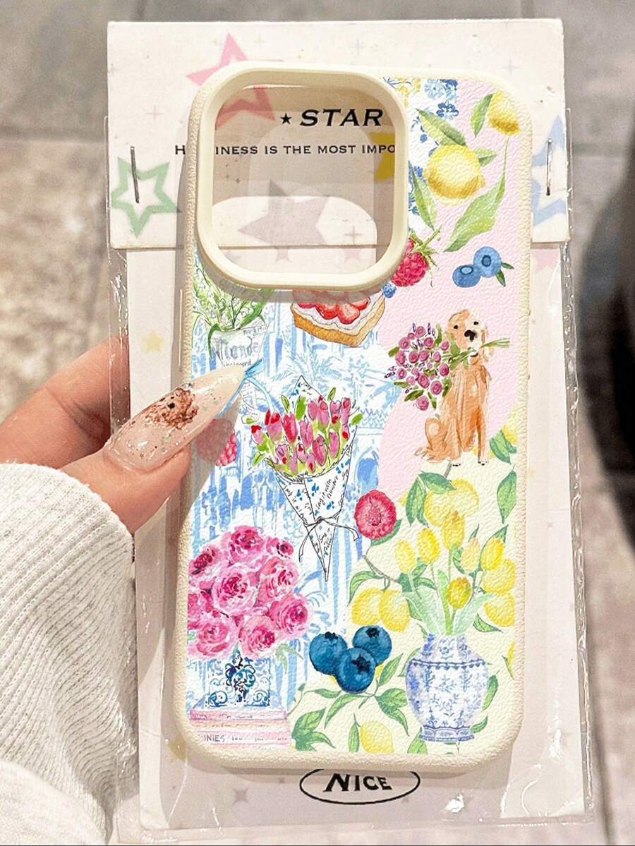A Stylish Phone Case That Does Not Include A Lanyard Or Stand. Fashionable Dog-Themed Phone Case, Shockproof, 1 Piece, New Soft, Non-Slip Textured Case With A Watercolor Floral Bouquet And Puppy Design, Compatible With [Phone Type] And Other Phones, International Version, Not The Domestic Version, Spring Birthday Gift. - 彩色 - 查看 1