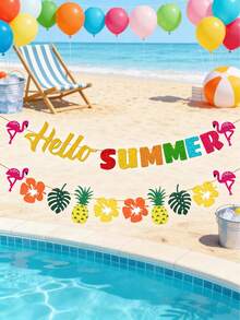 2pcs/1set Hello Summer Banner, Hawaiian Party Decoration, Pineapple Flamingo Garland, Summer Beach Pool Birthday Party Backdrop Decoration, Suitable For Summer Holiday Gatherings And Hawaiian Theme Indoor/Outdoor Party Hanging Decoration, Party Photo Backdrop Props - View 3