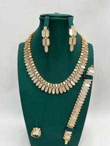 4pcs/Set Luxury Jewelry Set Necklace Bracelet Earrings Ring, Dubai Middle East Saudi Arabia Popular Round Gold Shell Cute Sweet Gorgeous Elegant White Shell Micro-Inlaid Zirconia Jewelry Set, Daily Wear, One Size, Flower Design, Gift For Girlfriend/Friend - Four-piece Set 1 - View 8