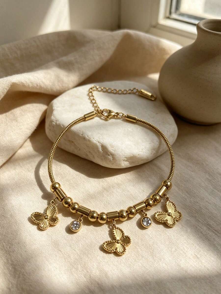 18k, Acero de Titanio Chapado en Oro, Joyería Delicada de Muñeca Vintage Francesa, Pulsera Ajustable con Encanto de Cristal Hipoalergénica - Pulsera de mariposa - Ver 1