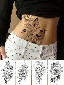 4pcs Paper Tattoo Stickers, Floral Pattern Paper Stickers, Novel Creative Waterproof Temporary Stickers, Suitable For Parties, Travel And Other Occasions, Applicable To Men's Chest, Back, Waist And Other Body Parts, Realistic Fashionable Men's Tattoos, Body Art Easy To Apply And Remove, Lasts 7-10 Days - Black - View 7