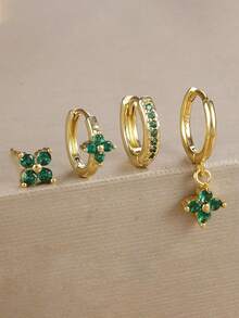4pcs/Set Minimalist Geometric 18K Gold-Plated Earrings Set, Rhinestone Inlaid, Four-Petal Flower Design, Multi-Color Cubic Zirconia, Suitable For Vacation, Date, Gift And Daily Wear - 4pcs Earrings Set - View 5