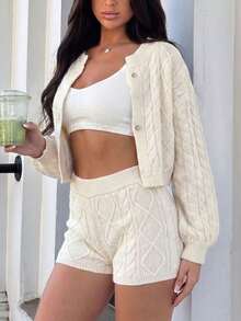 Women's 2 Pieces Knit Set, Round Neck Cropped Long Sleeve Front Button Cardigan + Low Waist Shorts, Solid Color Cable Knit, Soft Knit Autumn Daily Casual Outfit - Off White - View 3