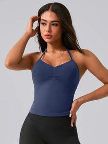 NcmRyu Top deportivo de mujer de una pieza, color liso, cuello halter, tirantes de espagueti ajustables, escote en V, fruncido y espalda descubierta - Azul Marino - Ver 7