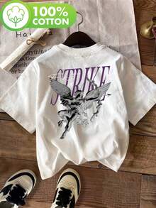 - Y2K Hop Streetwear Retro-Shirt für Damen - Auffälliger Print auf dem Rücken mit Engel- und STRIKE-Motiv, kurze Ärmel, Rundhalsausschnitt, weiß mit lila Motiv, normale Passform, lässig - Weiss - Übersicht 1