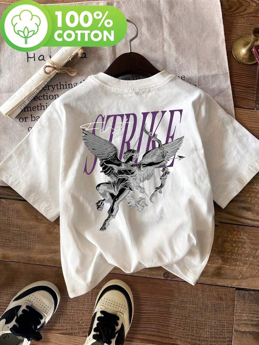 - Y2K Hop Streetwear Retro-Shirt für Damen - Auffälliger Print auf dem Rücken mit Engel- und STRIKE-Motiv, kurze Ärmel, Rundhalsausschnitt, weiß mit lila Motiv, normale Passform, lässig - Weiss - Übersicht 1