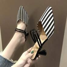Zapatos de tacón bajo con punta afilada, rayas de colores y dos opciones de uso. Elegantes zapatos de tacón alto. - Negro - Ver 7