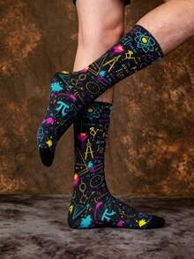 1/3 Pairs Science Knowledge Graffiti Pattern Mid-Calf Socks, Men's Mid-Calf Socks, Novel And Interesting, Summer Outfit - Multicolor - View 4