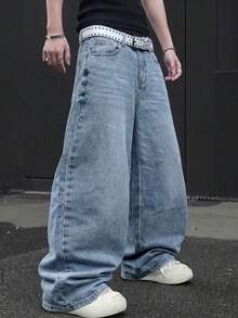 1 pièce Jean bleu large et ample vintage pour homme, toutes saisons, pantalon en denim rétro des années 90 pour le streetwear extérieur - Bleu azur - Voir 4