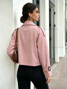 Women's Pink Long Sleeve Trench Coat With Collar And Buttons, Regular Fit Woven Fabric, Perfect For Fall - Pink - View 3