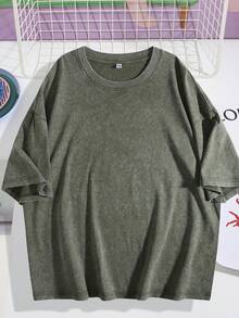 Men's Dark Gray Saturn And Star Print T-Shirt - Soft Stretch Knit Fabric, Space-Themed Crew Neck Short Sleeve, Street Style Versatile - 綠色 - 查看 2
