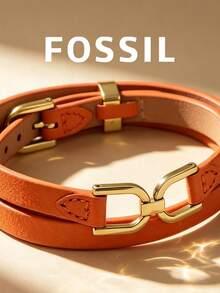 Fossil Gelang Kulit Oranye Gaya Fosil, Desain Lingkaran Ganda dengan Dekorasi Logam Emas, Cocok untuk Pakaian Kasual dan Modis - Jeruk - View 7
