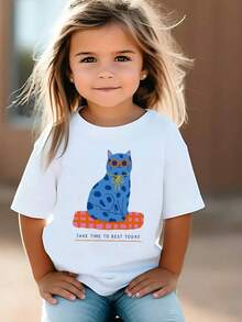Camiseta unisex, con estampado de gatitos con lunares, linda y divertida, top casual y versátil para niñas, cuello redondo transpirable, corte holgado, perfecta para atuendos casuales. - Blanco - Ver 1