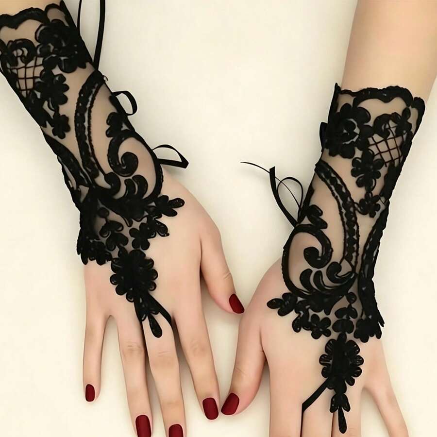 1 Pair Elegant Black Lace Fingerless Gloves - Soft And Skin-Friendly, Exquisite Floral Pattern, Elastic Polyester Material - Perfect For Weddings, Parties And Balls, Wedding Accessories - A - View 1
