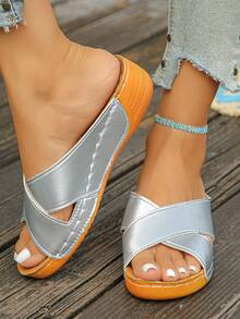Women's Cross Strap Wooden Color Sandals Comfortable Minimalist Vacation Beach Home Daily Summer Silver Open Toe Slide Sandals - Silver PU - View 6