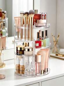 Organizador de cosméticos giratorio 360° DIY ajustable, soporte giratorio para maquillaje, caja de almacenamiento de cosméticos de gran capacidad, soporte para brochas de maquillaje, adecuado para mesa de tocador (transparente) - Multicolor - Ver 11