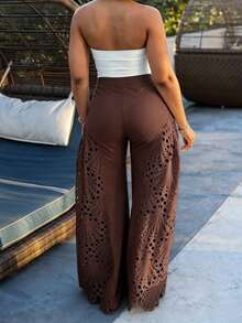 European And American Cross-Border Spring/Summer Versatile High-Waisted Lace Hollow-Out Splicing White Flowy Wide-Leg Pants - Brown - View 2